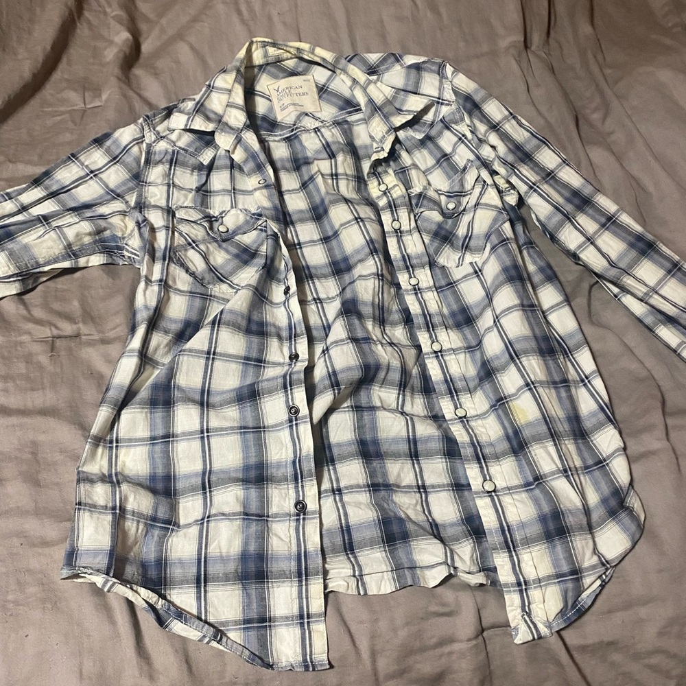 American Eagle Outfitters Navy and Cream Checkered Shirt
